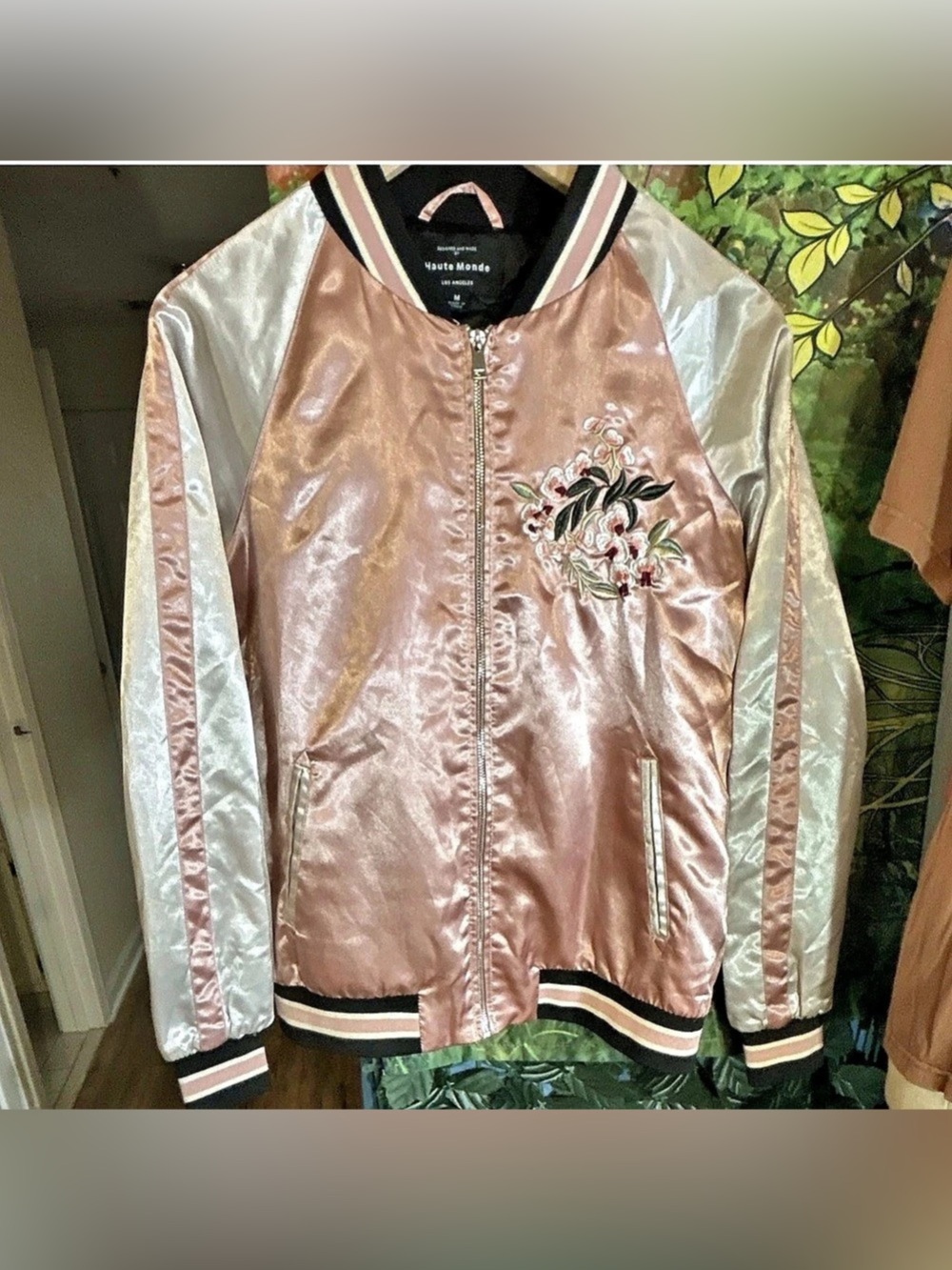 Haute Monde Satin Bomber Jacket in Pink & White Size Medium